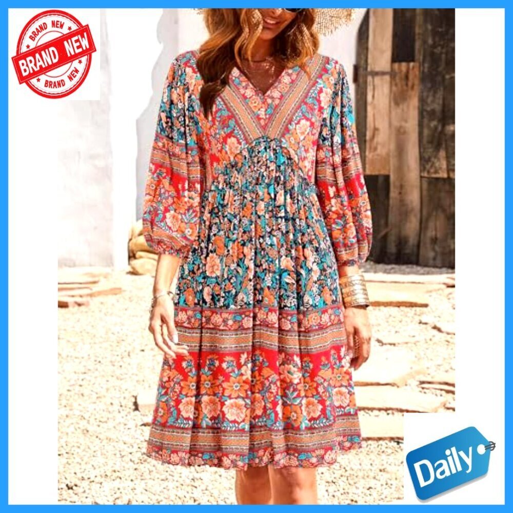 Floral Babydoll Mini Dress with V-Neck and 3/4 Sleeves - Picture 2 of 7